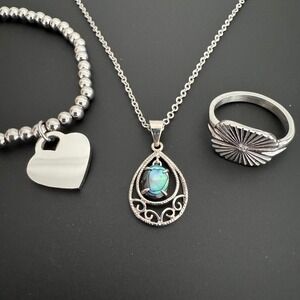 Silver Toned Jewelry Lot Necklace with Abalone, Sunburst Ring, Bead Bracelet
